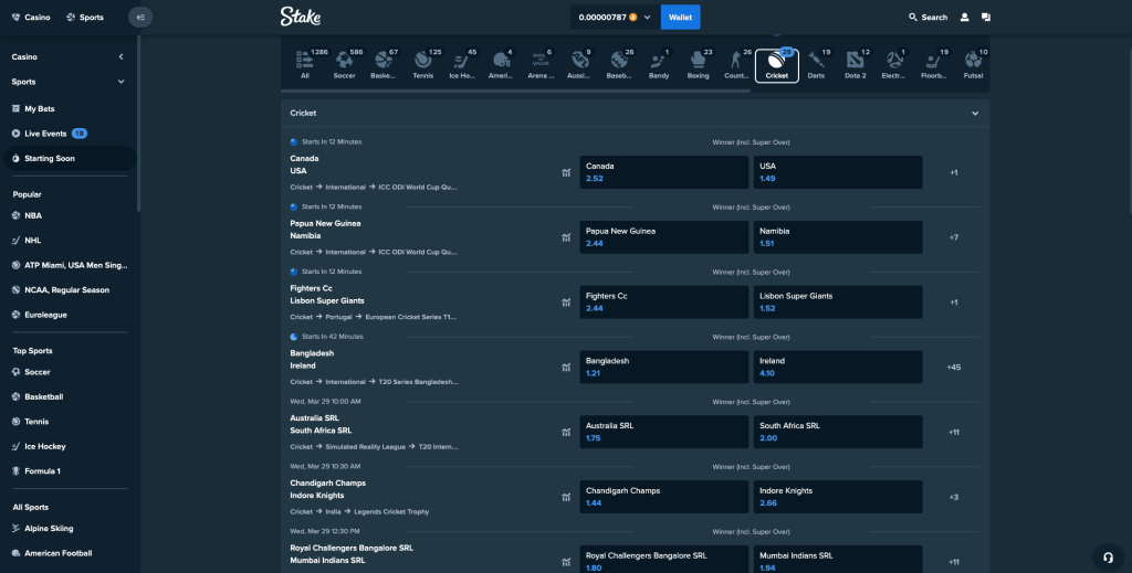 Cricket Betting options at Stake.com